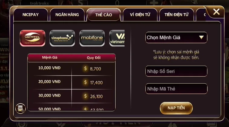 Nạp tiền bằng thẻ cào Sunwin an toàn nhanh chóng - hỗ trợ mọi nhà mạng.